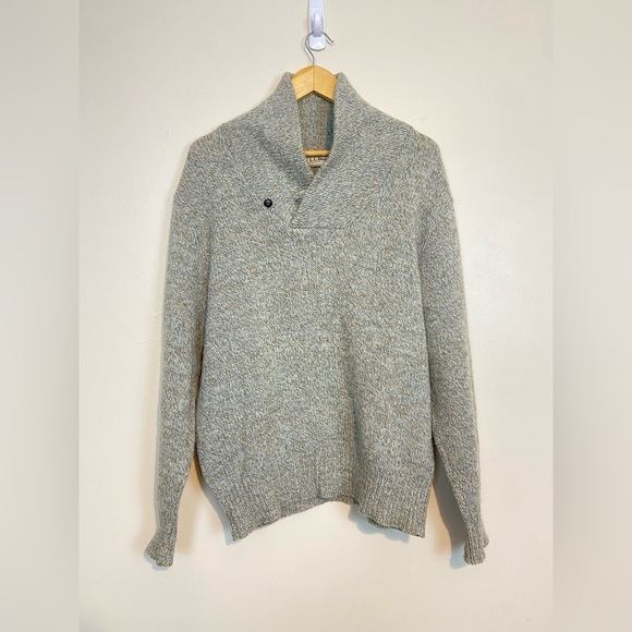 Vintage LL Bean Sweater Mens Medium Beige Wool Shawl Collar Outdoors Made in USA - Picture 2 of 6